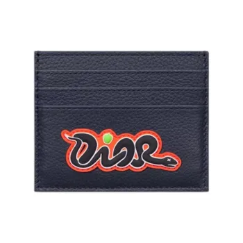 DIOR KAWS Collaboration Cow Leather Card Holder Women's Marine Blue