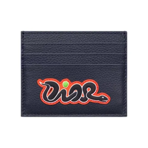 DIOR KAWS Collaboration Cow Leather Card Holder Women's Marine Blue