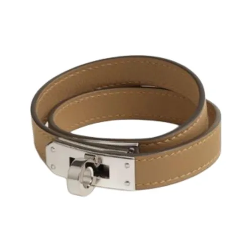 HERMES Palladium-Plated Calfskin Wristbands Men's Umber