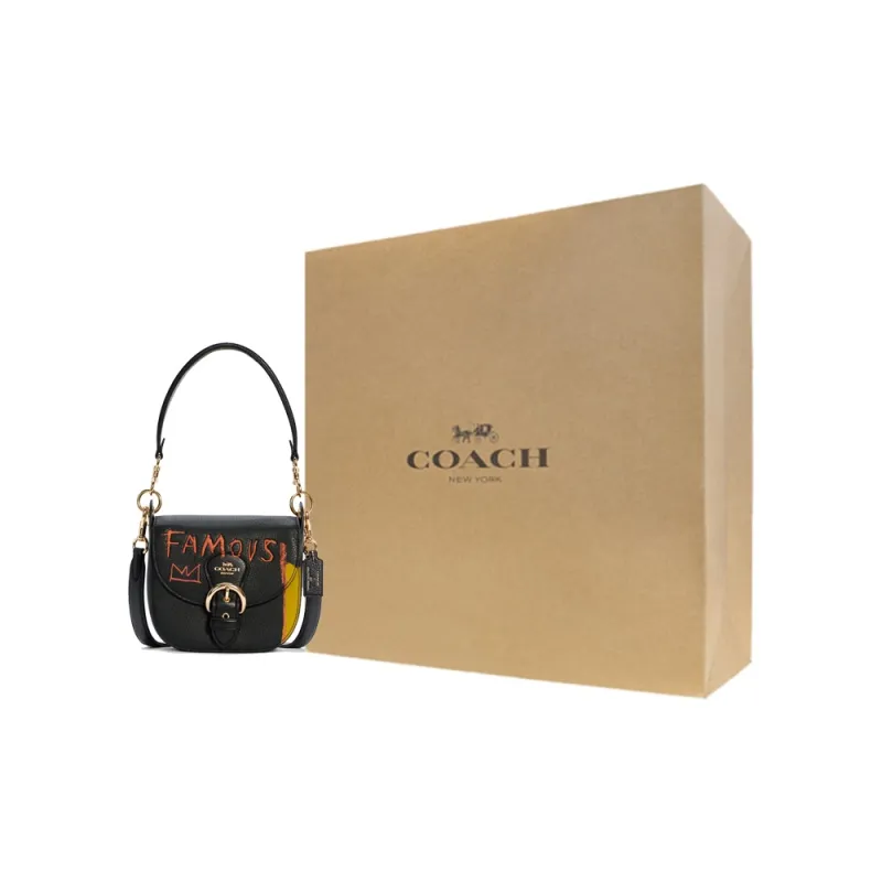 COACH X Jean Michel Basquiat Kleo Leather Saddle Bag, One Shoulder Handbag, Crossbody Bag Trumpets Women's Black-4