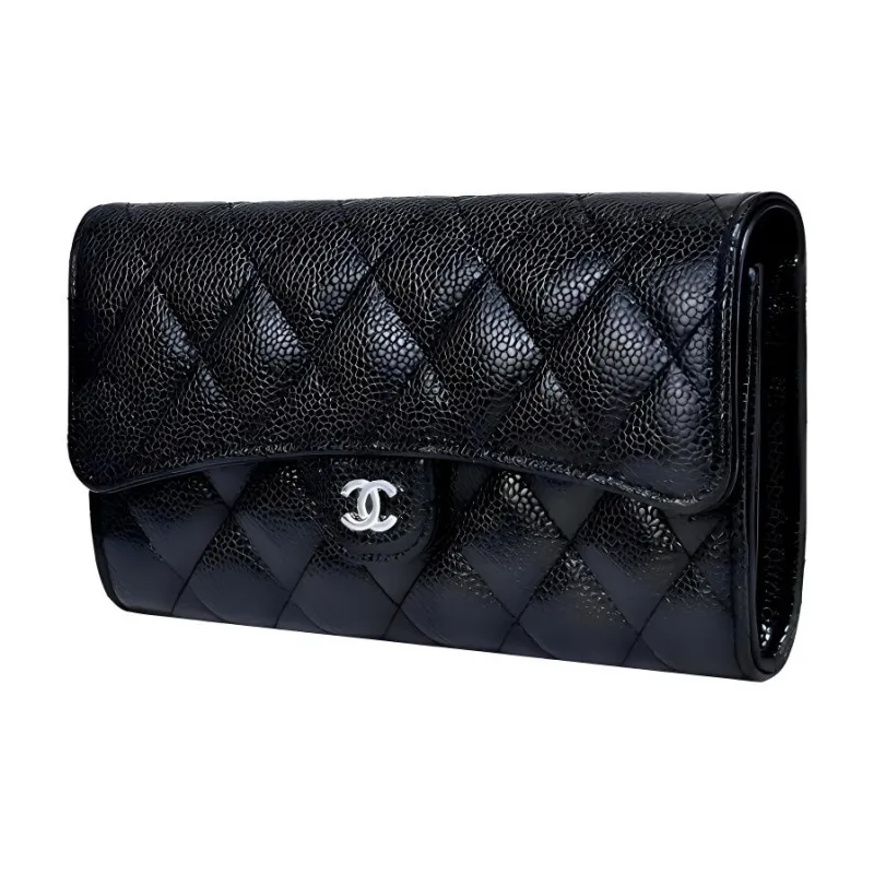 CHANEL Grain Texture Cow Leather Wallet Women's Black-1