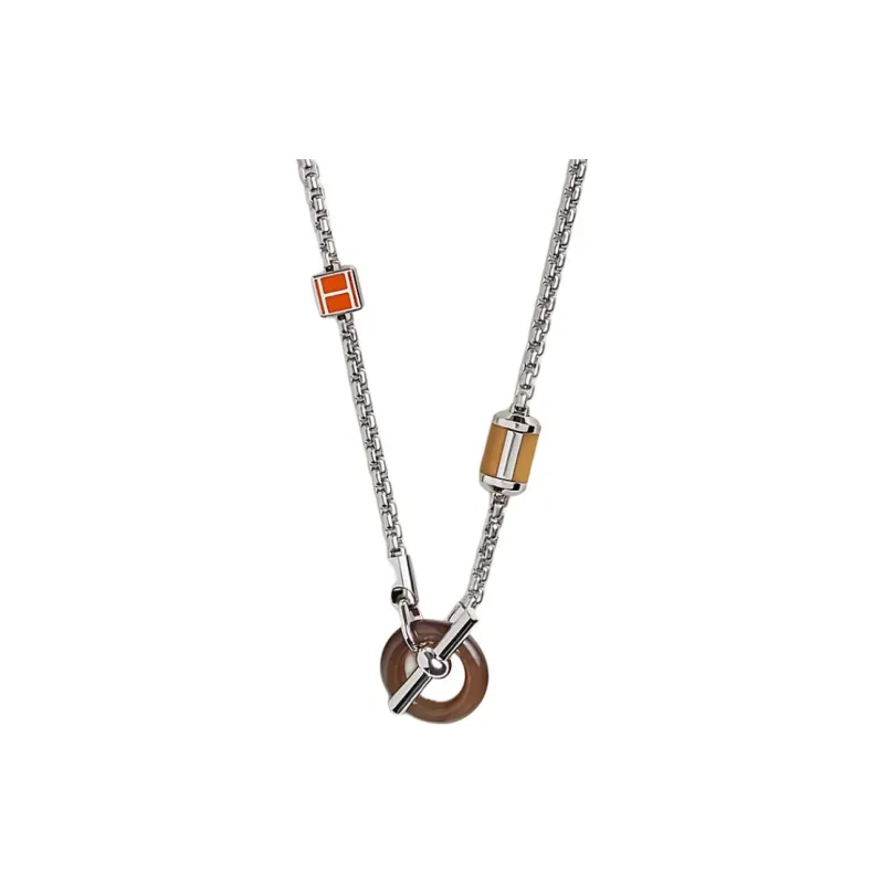 HERMES Calfskin Horn Metal Palladium Plated Necklaces Men's Silver-0