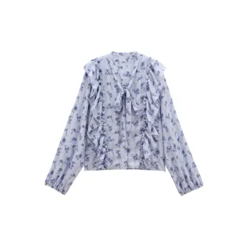 Wbwq Chiffon Shirt Women's Blue Floral
