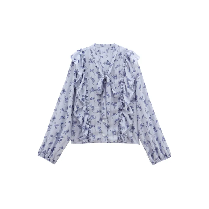 Wbwq Chiffon Shirt Women's Blue Floral-0