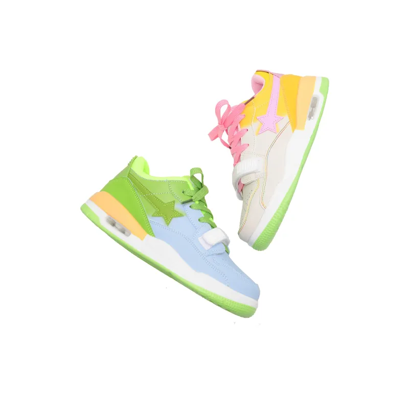 OAOQ Cushioning Abrasion Resistant Lightweight Low Top Skateboard Shoes Unisex Pink Green Mismatched-2