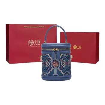 Pmsi Split Cow Leather With Mulberry Silk Bucket Bag, Shoulder Bag, Crossbody Bag, Handbag Trumpets Women's Blue
