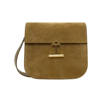 TF Suede Calfskin Shoulder Bag, Crossbody Bag Medium Size Women's Khaki