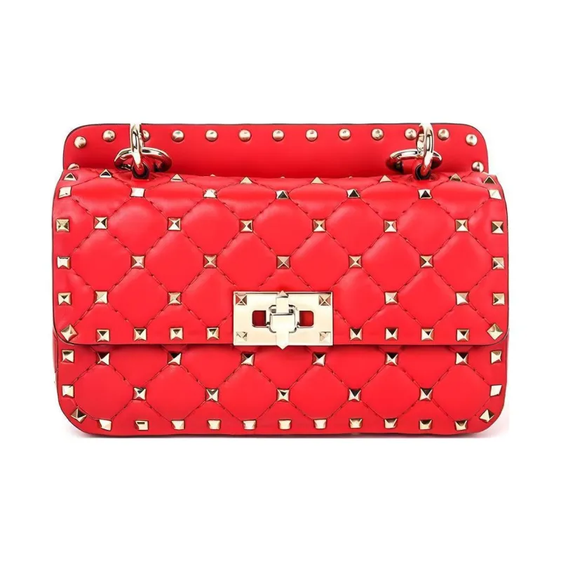 Valentino ROCKSTUD SPIKE Soft Sheepskin Leather One Shoulder Handbag Crossbody Bag Small Size Women's Red-0