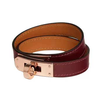 HERMES Calfskin, Rose Gold Tone Plated Bracelets Women's Red Brown