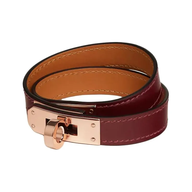 HERMES Calfskin, Rose Gold Tone Plated Bracelets Women's Red Brown-0