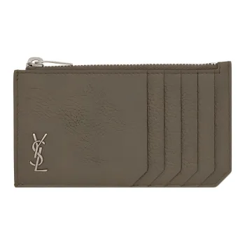 SAINT LAURENT Grained Leather Zip Closure Business Card Holder Wallet Card Holder Men's Dark Khaki