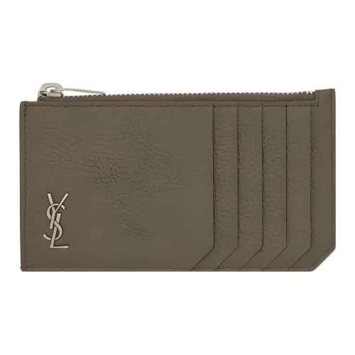 SAINT LAURENT Grained Leather Zip Closure Business Card Holder Wallet Card Holder Men's Dark Khaki