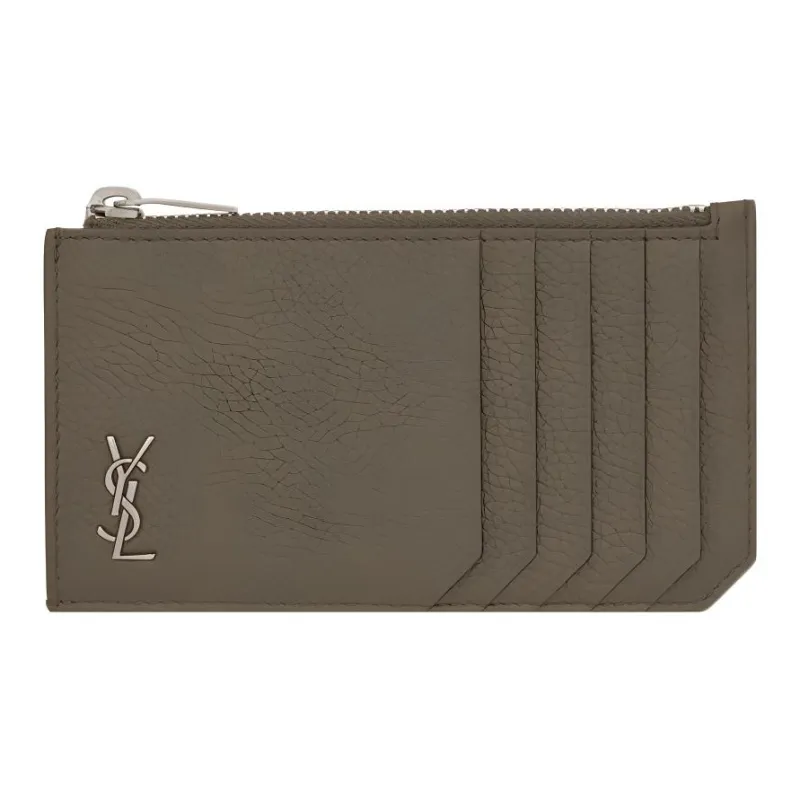 SAINT LAURENT Grained Leather Zip Closure Business Card Holder Wallet Card Holder Men's Dark Khaki-0