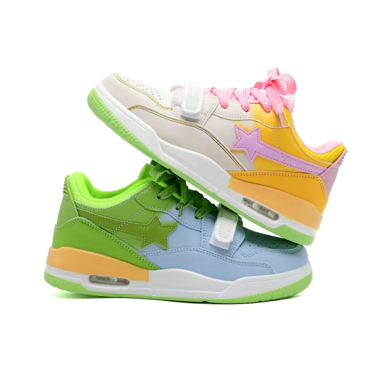 OAOQ Cushioning Abrasion Resistant Lightweight Low Top Skateboard Shoes Unisex Pink Green Mismatched-4