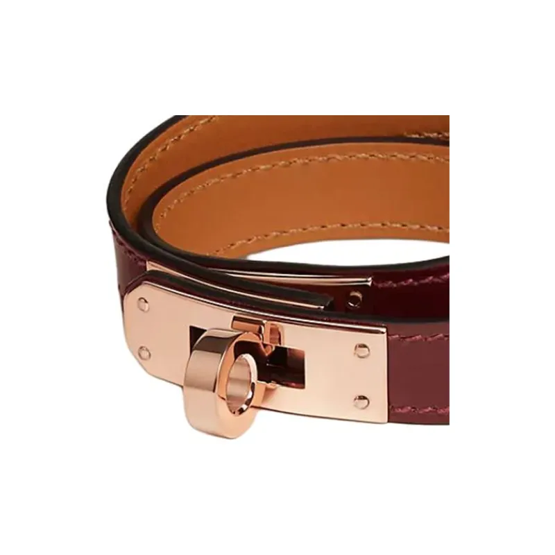 HERMES Calfskin, Rose Gold Tone Plated Bracelets Women's Red Brown-2
