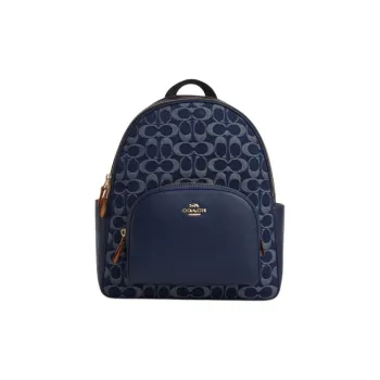 COACH Court Fabric Cow Leather Patchwork Backpack Large Size Women's Denim Blue With Natural Color Accents