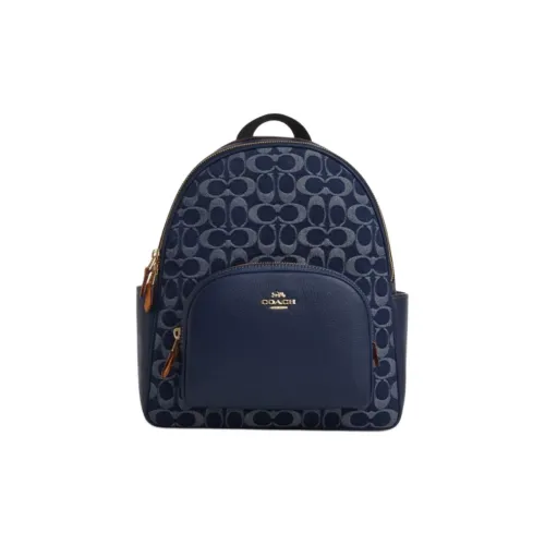 COACH Court Fabric Cow Leather Patchwork Backpack Large Size Women's Denim Blue With Natural Color Accents