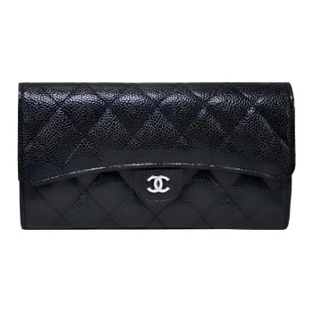 CHANEL Grain Texture Cow Leather Wallet Women's Black