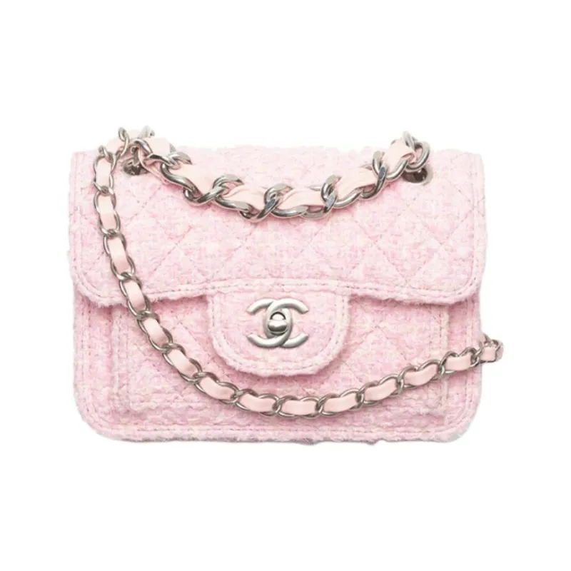 CHANEL Soft Twill Flap Bag, Shoulder Bag, Crossbody Bag Mini Women's Pink & Light Beige-0