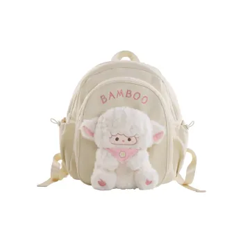 Holding Bamboo Rabbit Fur With Canvas Combo Bag, Backpack Women's Lamb