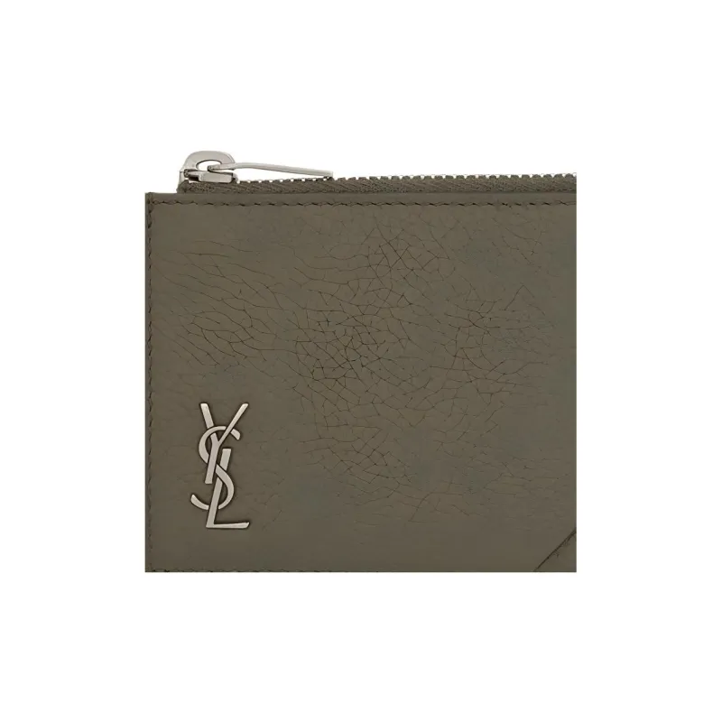 SAINT LAURENT Grained Leather Zip Closure Business Card Holder Wallet Card Holder Men's Dark Khaki-4
