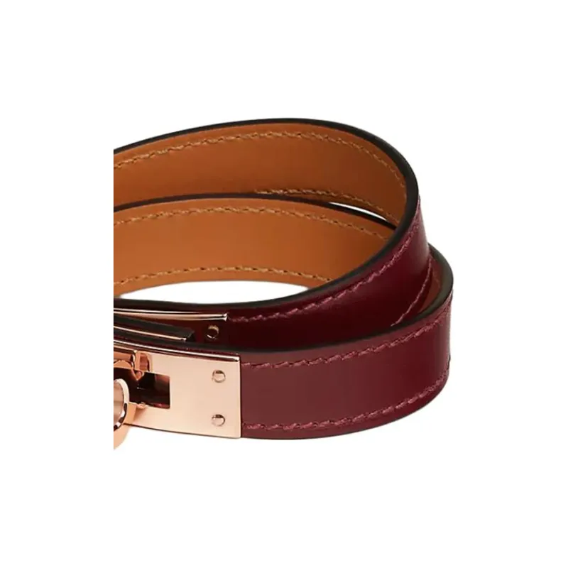 HERMES Calfskin, Rose Gold Tone Plated Bracelets Women's Red Brown-1