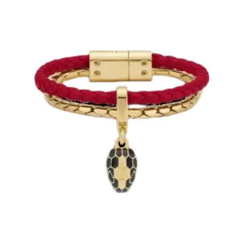BVLGARI Calfskin Brass Metal Enamel Cow Leather Bracelets Women's Red
