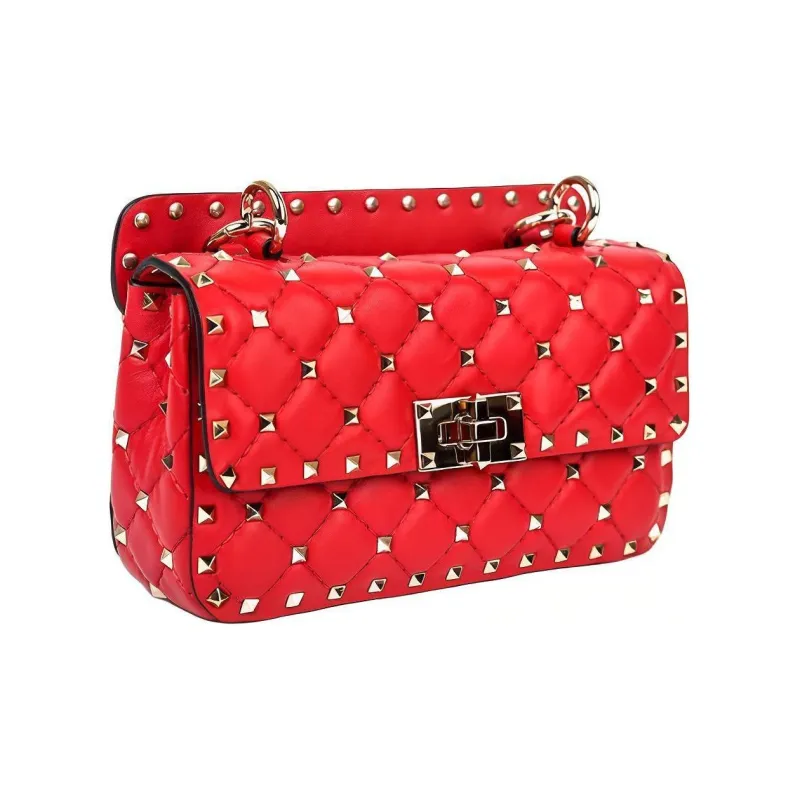 Valentino ROCKSTUD SPIKE Soft Sheepskin Leather One Shoulder Handbag Crossbody Bag Small Size Women's Red-1