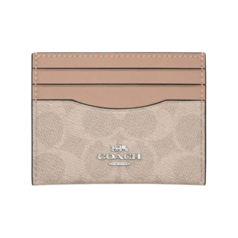 COACH Leather Card Holder Women's Sand Yellow & Taupe-0