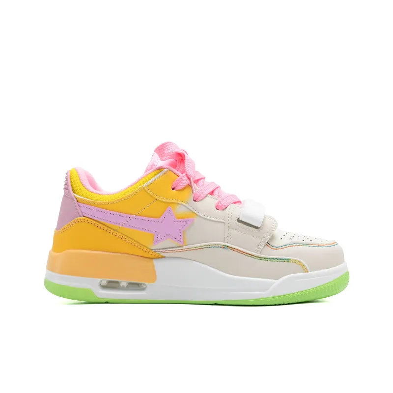 OAOQ Cushioning Abrasion Resistant Lightweight Low Top Skateboard Shoes Unisex Pink Green Mismatched-3