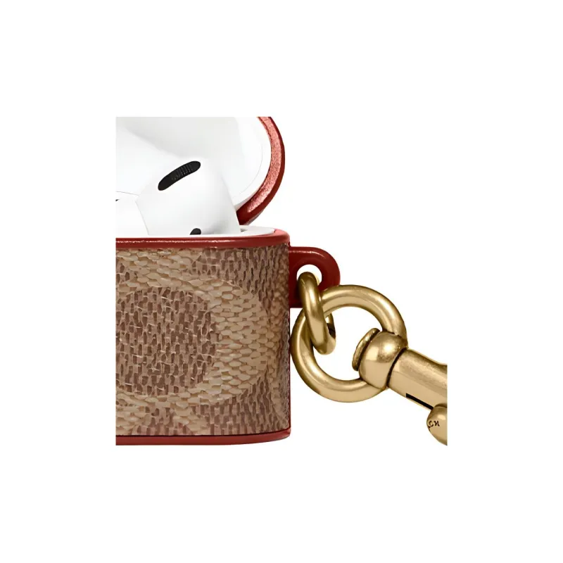 COACH Classic Monogram Canvas With Leather Earphone Case Mini Unisex Brown Red-3