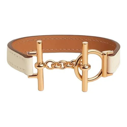 HERMES Leather Metal Gold-Plated Wristbands Women's White