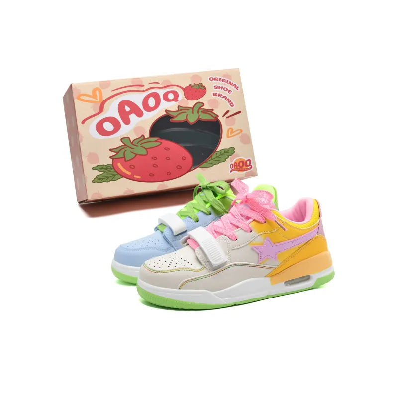 OAOQ Cushioning Abrasion Resistant Lightweight Low Top Skateboard Shoes Unisex Pink Green Mismatched-6