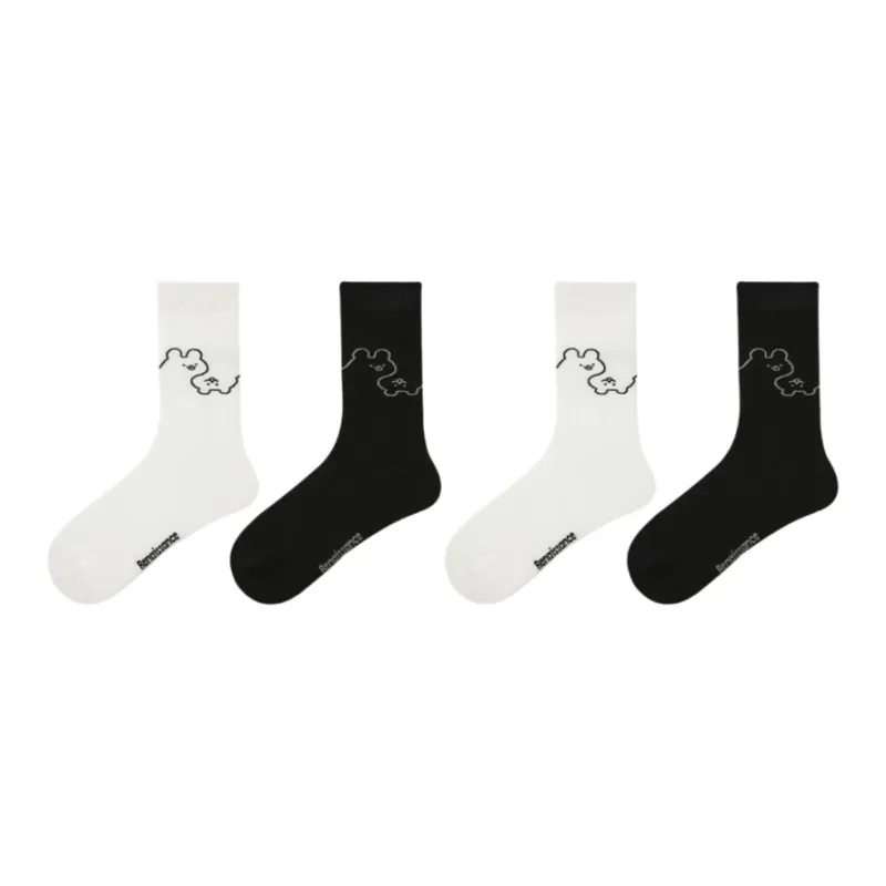 Vine Color Mid Calf Socks Unisex 4 Pack Bear Rabbit Line Drawing-0