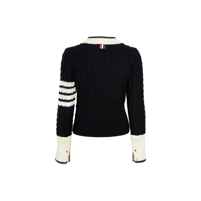 THOM BROWNE 4 Bar Stripe Detailed V Neck Knitted Jumper-1