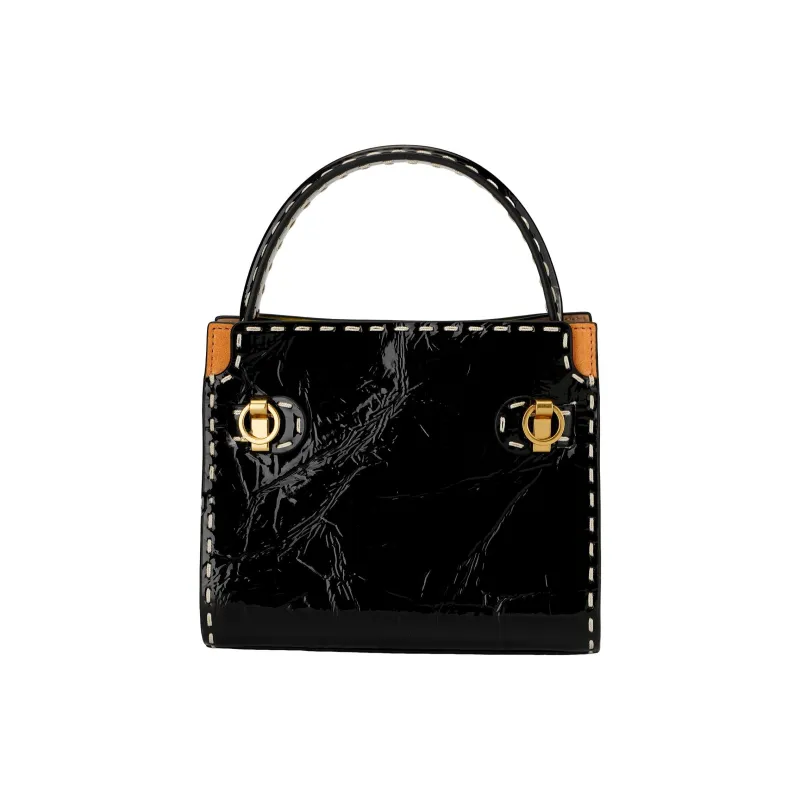 TORY BURCH Lee Radziwill Patent Leather With Suede And Leather Trim Handbag, Shoulder Bag, Crossbody Bag Women's Black-2