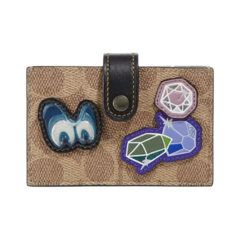 COACH Disney/Disney, Collaboration Coated Canvas Card Holder Women's Black Gray Color & Brown Yellow & Black-0