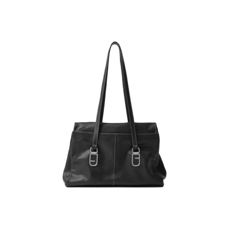 FION Cow Leather Tote Bag Shopping Bag Handbag Shoulder Bag Large Size Women's Classic Black/Caramel Brown-2