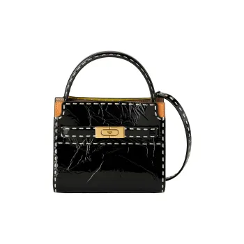 TORY BURCH Lee Radziwill Patent Leather With Suede And Leather Trim Handbag, Shoulder Bag, Crossbody Bag Women's Black
