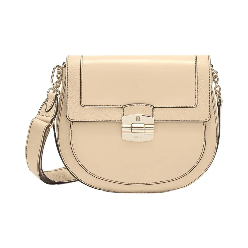 Furla Club 2 Leather Saddle Bag Crossbody Shoulder Bag Women's Beige-0