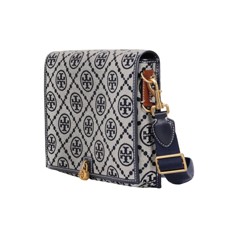TORY BURCH T Monogram Jacquard Leather Messenger Bag, One Shoulder Handbag, Crossbody Bag Unisex Marine Blue-1