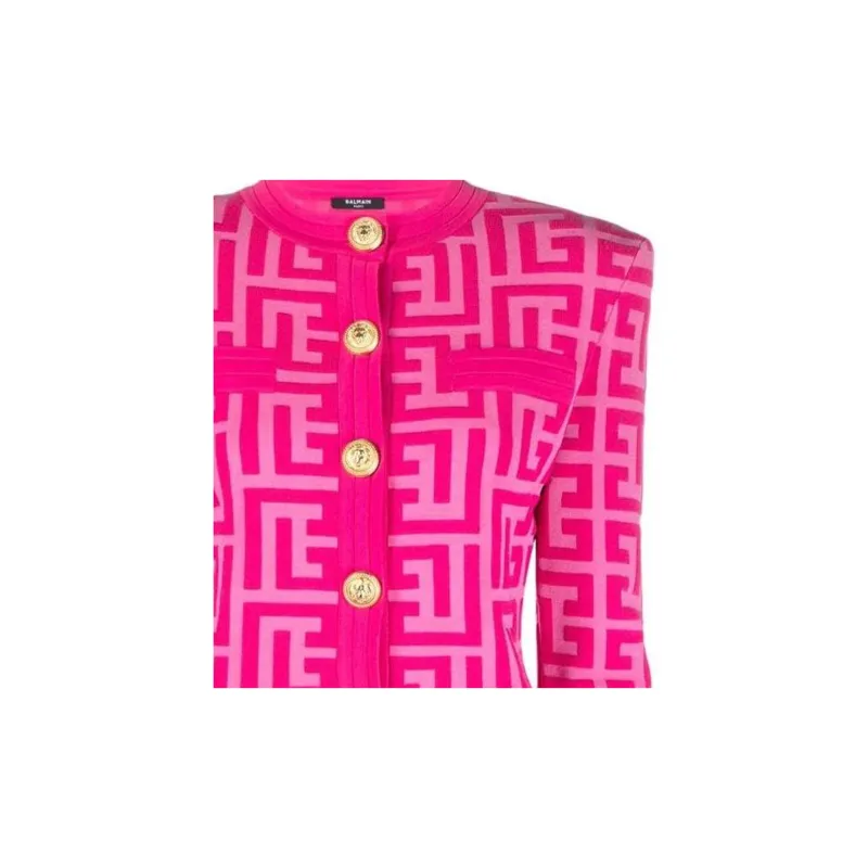 BALMAIN Cropped Maxi Monogram Knitted Cardigan 'Pink'-3
