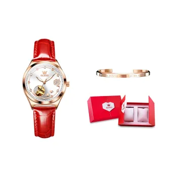 OLEVS Mechanical Movement Leather Strap Watch Women's Watch White Dial
