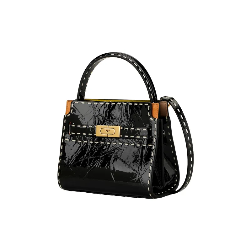 TORY BURCH Lee Radziwill Patent Leather With Suede And Leather Trim Handbag, Shoulder Bag, Crossbody Bag Women's Black-1