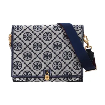 TORY BURCH T Monogram Jacquard Leather Messenger Bag, One Shoulder Handbag, Crossbody Bag Unisex Marine Blue