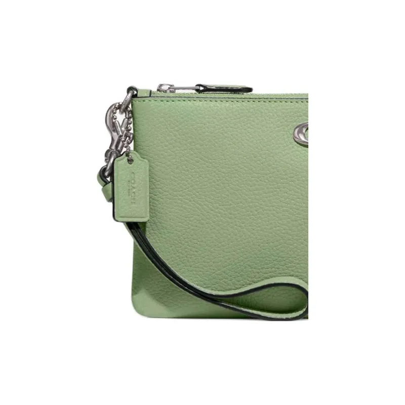 COACH Wristlet Grain Leather Wrist Bag Clutch Trumpets Women's Silver & Light Pistachio-2