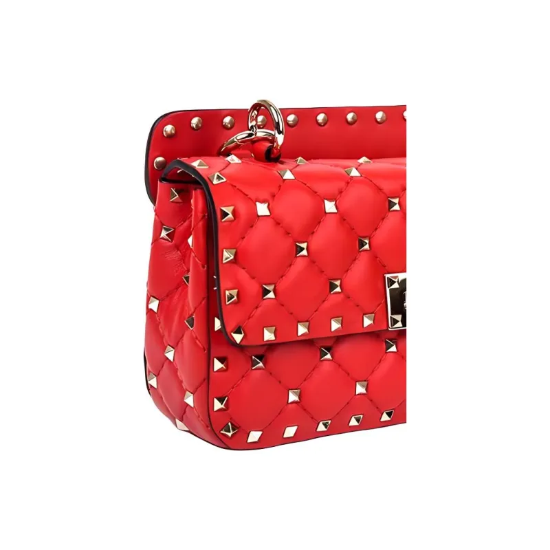 Valentino ROCKSTUD SPIKE Soft Sheepskin Leather One Shoulder Handbag Crossbody Bag Small Size Women's Red-4