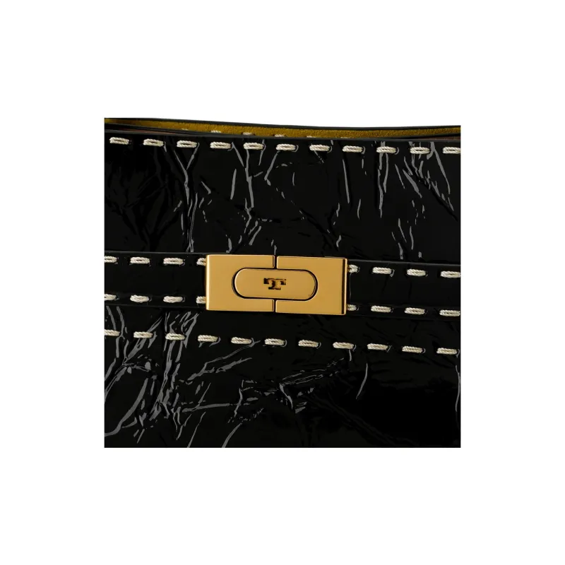 TORY BURCH Lee Radziwill Patent Leather With Suede And Leather Trim Handbag, Shoulder Bag, Crossbody Bag Women's Black-4