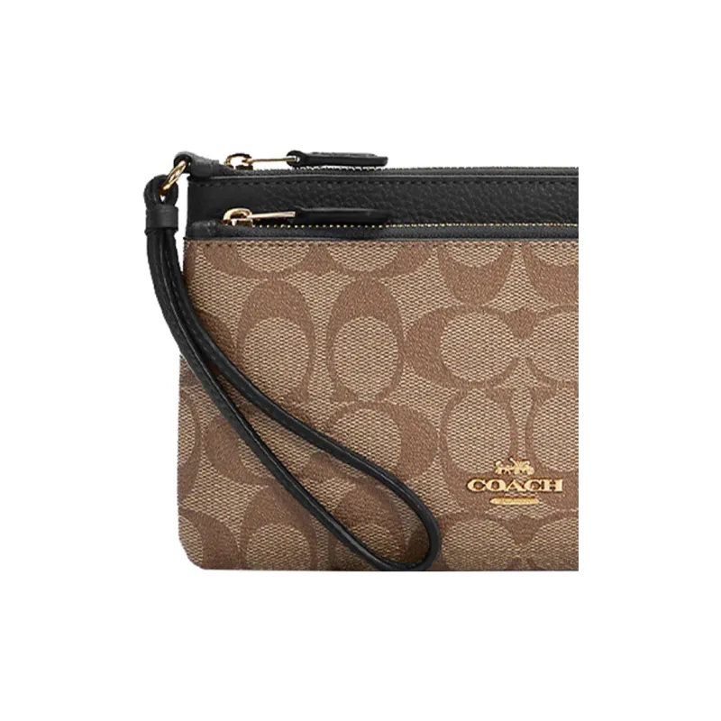 COACH Corner Zip Leather Clutch Card Holder Wallet Wrist Bag Regular Women's Brown & Black-3