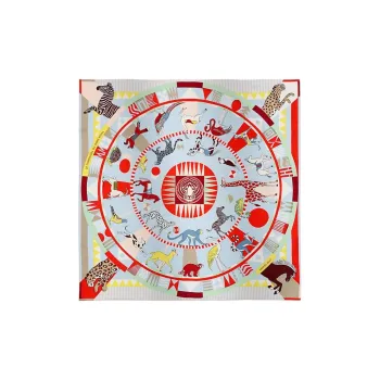 HERMES Mulberry Silk Scarves Women's Red/Sky Blue